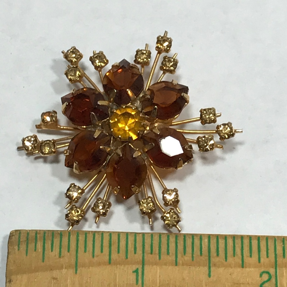 Vintage Austria Starburst Amber Rhinestone Brooch - Picture 6 of 6